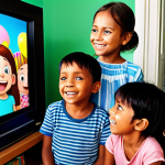 **Image Prompt:** A group of young children (ages 3-6) with bright, smiling faces are gathered around a TV, completely absorbed in watching "Dainokor". The scene is colorful and cheerful, emphasizing the show's vibrant animation style.