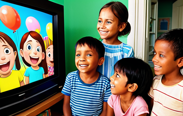 **Image Prompt:** A group of young children (ages 3-6) with bright, smiling faces are gathered around a TV, completely absorbed in watching "Dainokor". The scene is colorful and cheerful, emphasizing the show's vibrant animation style.