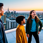 A diverse group of fully clothed young adults and children, dressed in modest, contemporary casual wear, standing together on a rooftop overlooking a vibrant, futuristic cityscape at sunset. They are looking upwards with expressions of excitement and anticipation, subtly hinting at a grand cinematic event. The scene emphasizes friendship and shared wonder. The image features perfect anatomy, correct proportions, natural poses, well-formed hands, and proper finger count. Professional photography, cinematic quality, high resolution, safe for work, appropriate content, family-friendly.