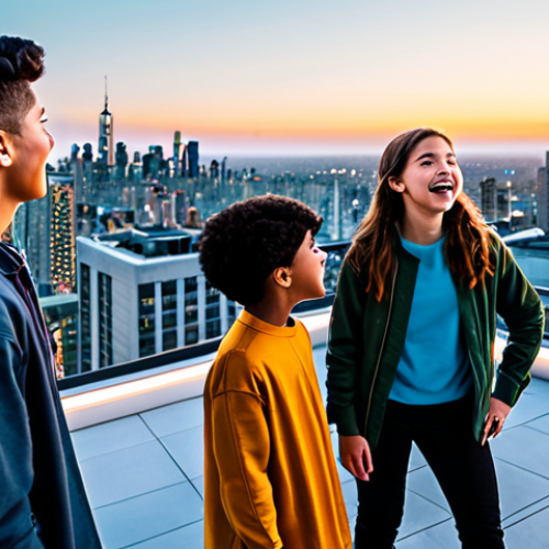 A diverse group of fully clothed young adults and children, dressed in modest, contemporary casual wear, standing together on a rooftop overlooking a vibrant, futuristic cityscape at sunset. They are looking upwards with expressions of excitement and anticipation, subtly hinting at a grand cinematic event. The scene emphasizes friendship and shared wonder. The image features perfect anatomy, correct proportions, natural poses, well-formed hands, and proper finger count. Professional photography, cinematic quality, high resolution, safe for work, appropriate content, family-friendly.