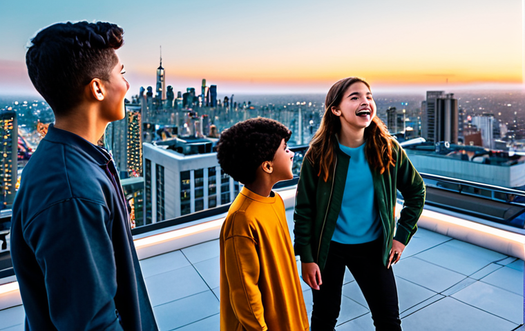 A diverse group of fully clothed young adults and children, dressed in modest, contemporary casual wear, standing together on a rooftop overlooking a vibrant, futuristic cityscape at sunset. They are looking upwards with expressions of excitement and anticipation, subtly hinting at a grand cinematic event. The scene emphasizes friendship and shared wonder. The image features perfect anatomy, correct proportions, natural poses, well-formed hands, and proper finger count. Professional photography, cinematic quality, high resolution, safe for work, appropriate content, family-friendly.